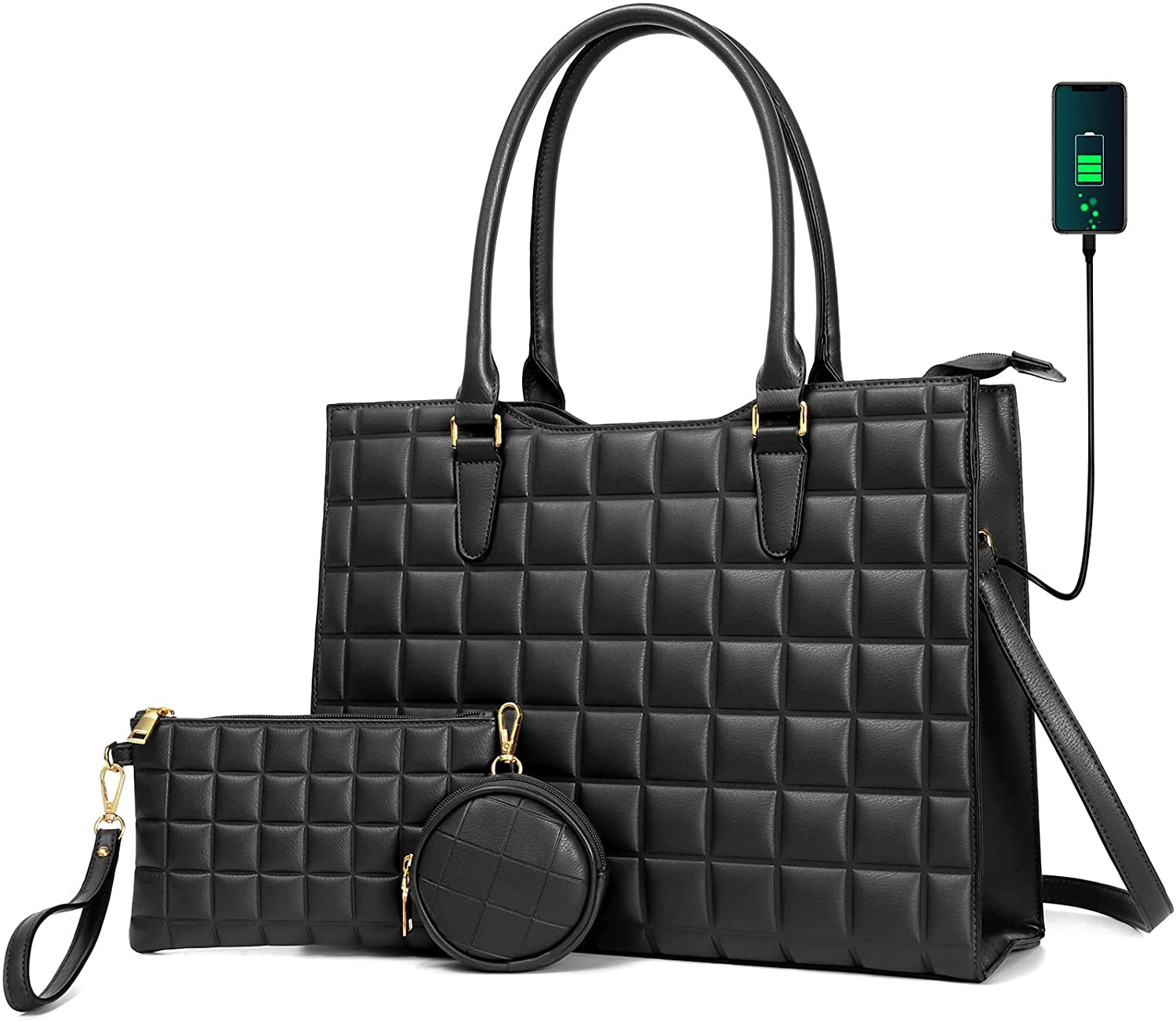 Laptop Tote Bag for Women Waterproof PU Leather Briefcase Computer Bag with Built-In USB Charging Port,Business Office 15.6 Inch Laptop Bag Large Capacity Handbag Satchel Purse 3Pcs Set (Black)