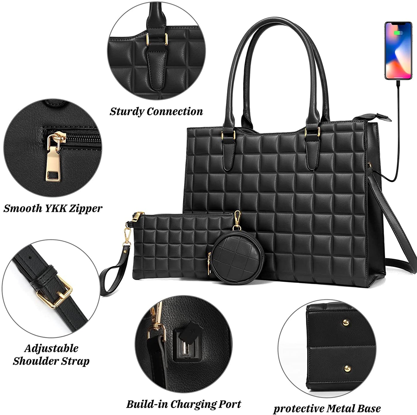 Laptop Tote Bag for Women Waterproof PU Leather Briefcase Computer Bag with Built-In USB Charging Port,Business Office 15.6 Inch Laptop Bag Large Capacity Handbag Satchel Purse 3Pcs Set (Black)